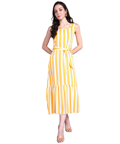 Popwings Women Casual Yellow & White Stripe Long Belt Dress | Women Dress | Women Latest Stylish Trendy Dress