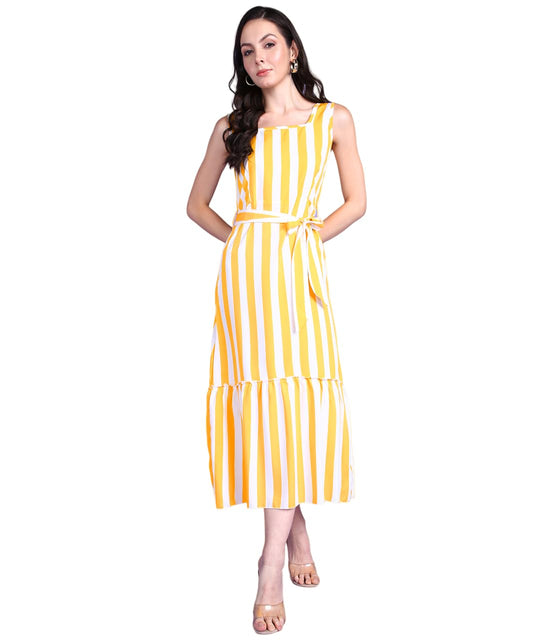 Popwings Women Casual Yellow & White Stripe Long Belt Dress | Women Dress | Women Latest Stylish Trendy Dress