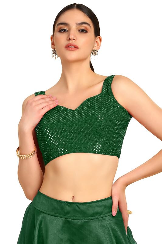 Soch Womens Green Sequinned Sweetheart Neck Georgette Padded Blouse