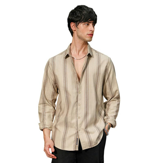 Campus Sutra Mens Bisque Beige Halo-Striped Shirt for Casual Wear | Spread Collar | Long Sleeve | Button Closure | Shirt Crafte