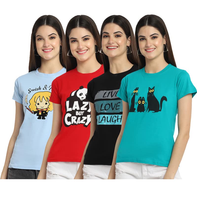 Preneum Womens Cotton Regular Fit Latest Graphic Stylish Printed Short Sleeves Casual T-Shirt || Trendy & Latest Style (Pack 4)