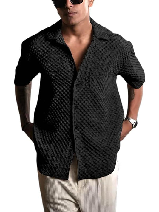 Pinkmint Bubble Textured Shirt for Men ll Half Sleeve Stylish Button Down Shirts ll Mens Pocket Shirt (Pack of 1) Black