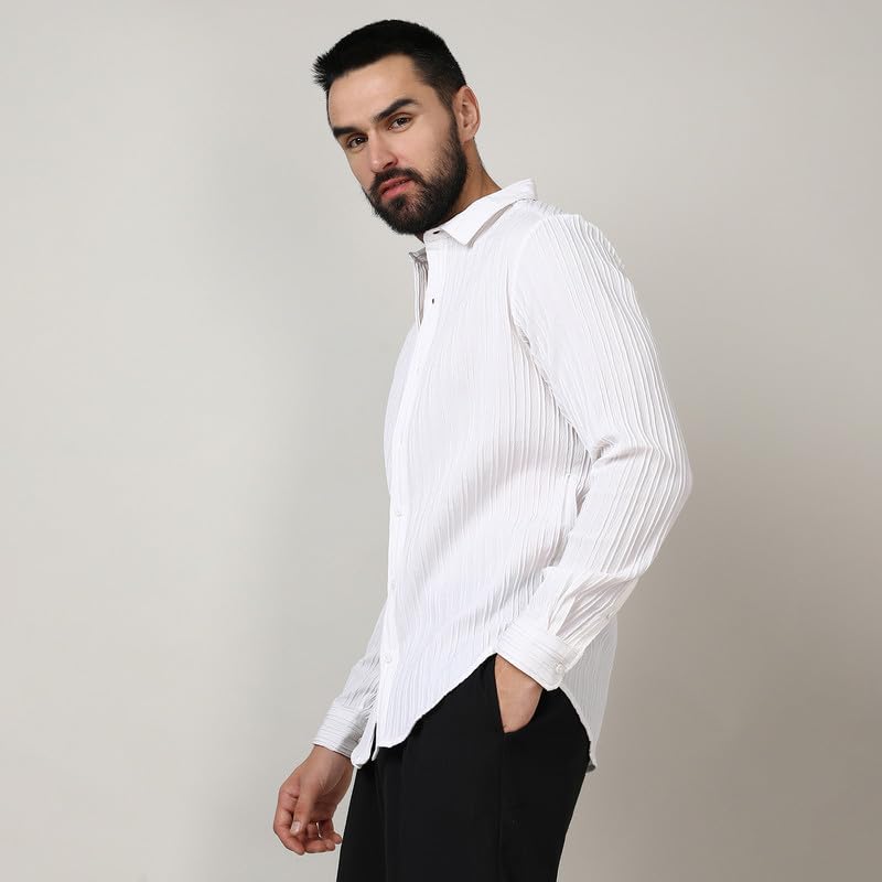 Campus Sutra Mens Chalk White Self-Design Striped Shirt for Casual Wear | Spread Collar |Long Sleeve | Button Closure | Shirt C