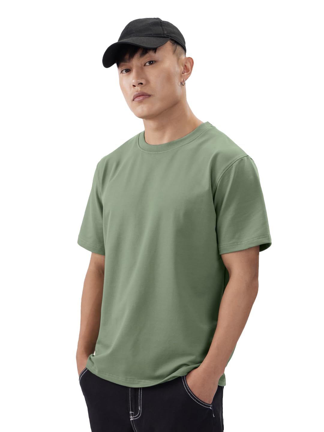 The Souled Store Solids: Mossy Green Men and Boys Short Sleeves Round Neck Regular Fit Cotton Blend T-Shirts