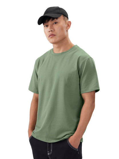 The Souled Store Solids: Mossy Green Men and Boys Short Sleeves Round Neck Regular Fit Cotton Blend T-Shirts