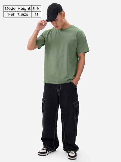 The Souled Store Solids: Mossy Green Men and Boys Short Sleeves Round Neck Regular Fit Cotton Blend T-Shirts