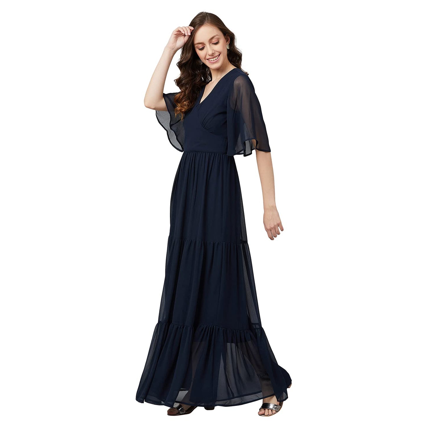 Rare Women'S Georgette Fit And Flare Maxi Casual Dress (Ep6216_Navy Blue)