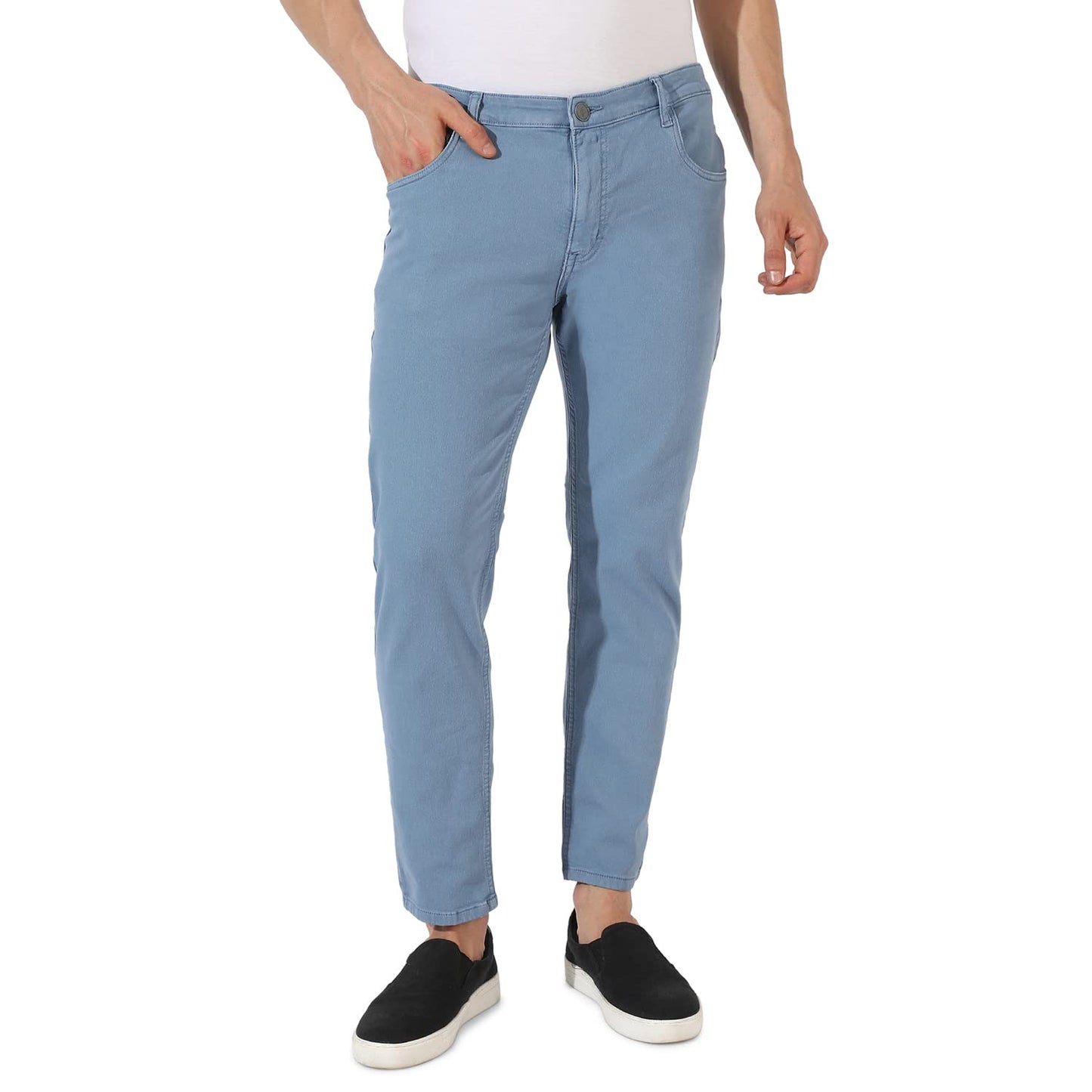 Campus Sutra Mens Classic Blue-Washed Solid Patterned Regular Fit Denim Jeans | Premium Mid-Rise Cotton Stretchable Crafted wit