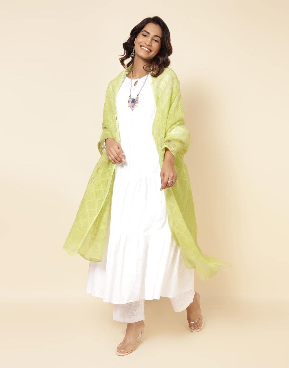 Fabindia Green Cotton Silk Blend Dupatta | Free Size | Regular Length | Spring | 2.5m x 92cm (L x W)
