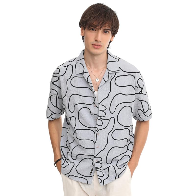 Campus Sutra Mens Cloud Grey Abstract-Lined Oversized Shirt for Casual Wear | Cuban Collar | Short Sleeve | Button Closure | Ov