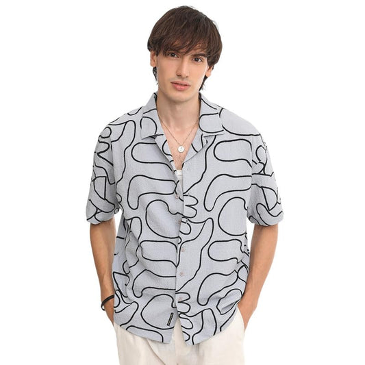 Campus Sutra Mens Cloud Grey Abstract-Lined Oversized Shirt for Casual Wear | Cuban Collar | Short Sleeve | Button Closure | Ov