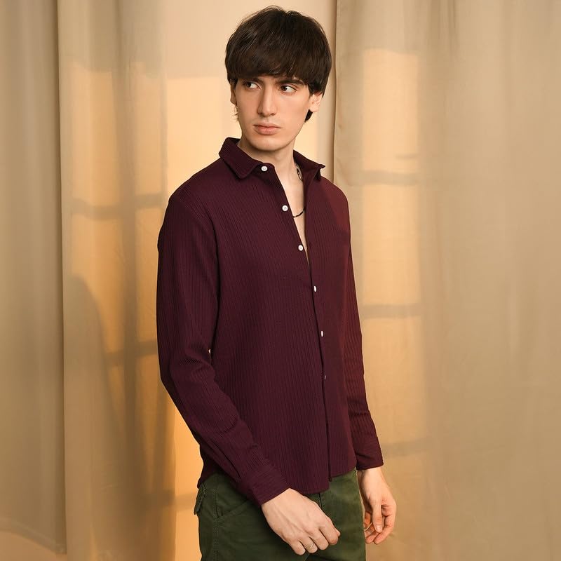 Campus Sutra Mens Maroon Red Stripe-Creased Shirt for Casual Wear | Spread Collar | Long Sleeve | Button Closure | Shirt Crafte