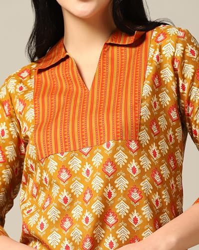 TOPLOT Ladies Cotton Blend Printed Kurta with Trousers, Small, Orange, Model: Kurta-Pant-5175