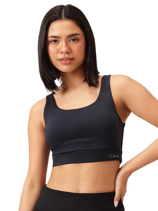 Clovia Womens Polyester Spandex Solid Padded Full Cup Wire Free Sports Bra (BRS075P08_Navy Blue_L)