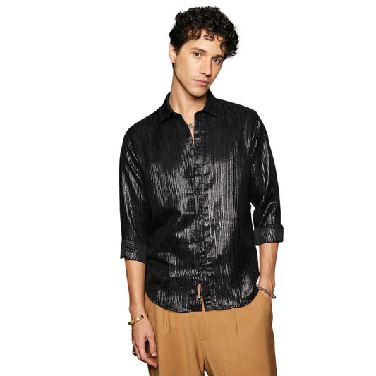Campus Sutra Mens Metallic Black Metallic Blushed Shirt for Casual Wear | Spread Collar | Long Sleeve | Button Closure | Shirt