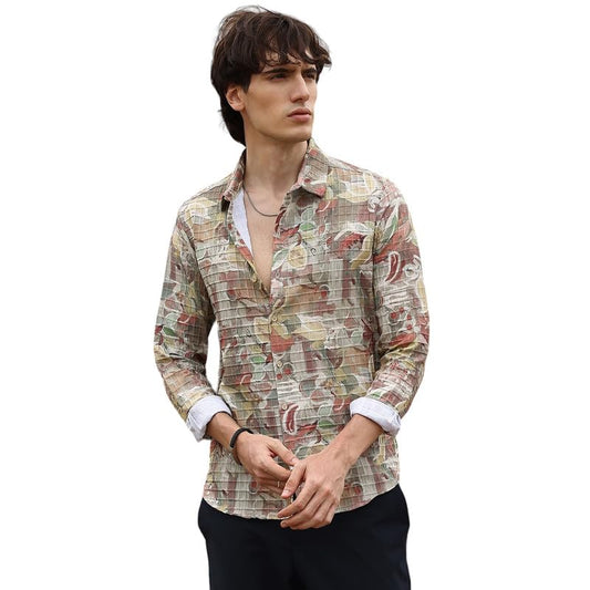 Campus Sutra Mens Multicolour Artistic Botanical Shirt | Casual Wear | Spread Collar | Long Sleeve | Button Closure | Shirt Cra