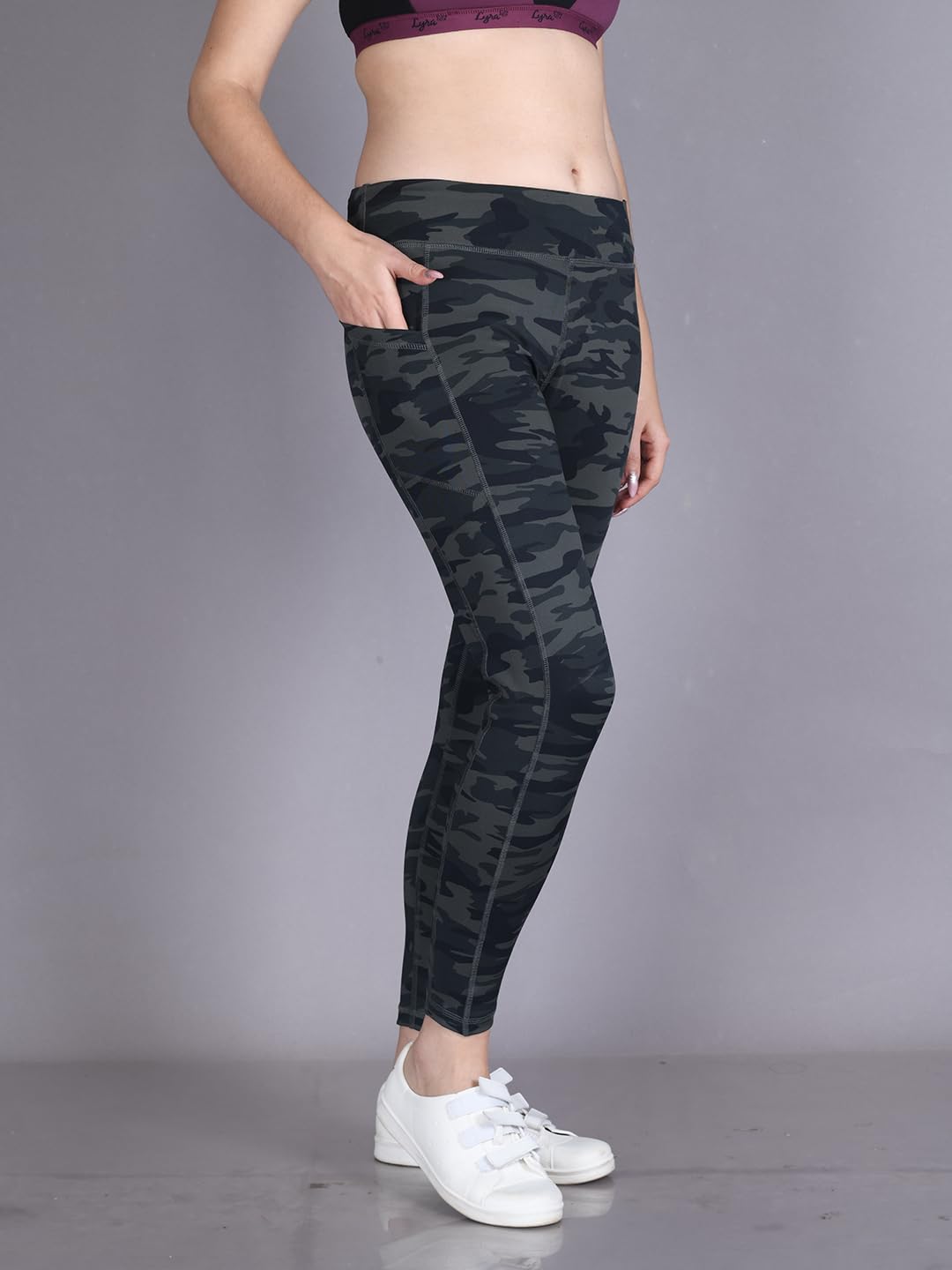 Lyra WomenS Polyester Activewear Sports Ankle Length Tights Grey Camouflage