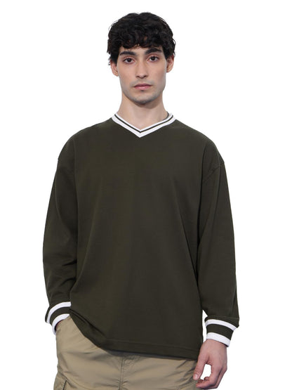 The Souled Store Originals: Olive Green Men and Boys Three-Quarter Sleeves V Neck Solid Cotton Blend Oversized T-Shirts