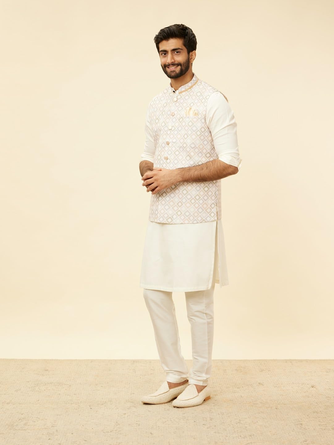 Manyavar Mens Cream Blended Cotton Self Design Jackets