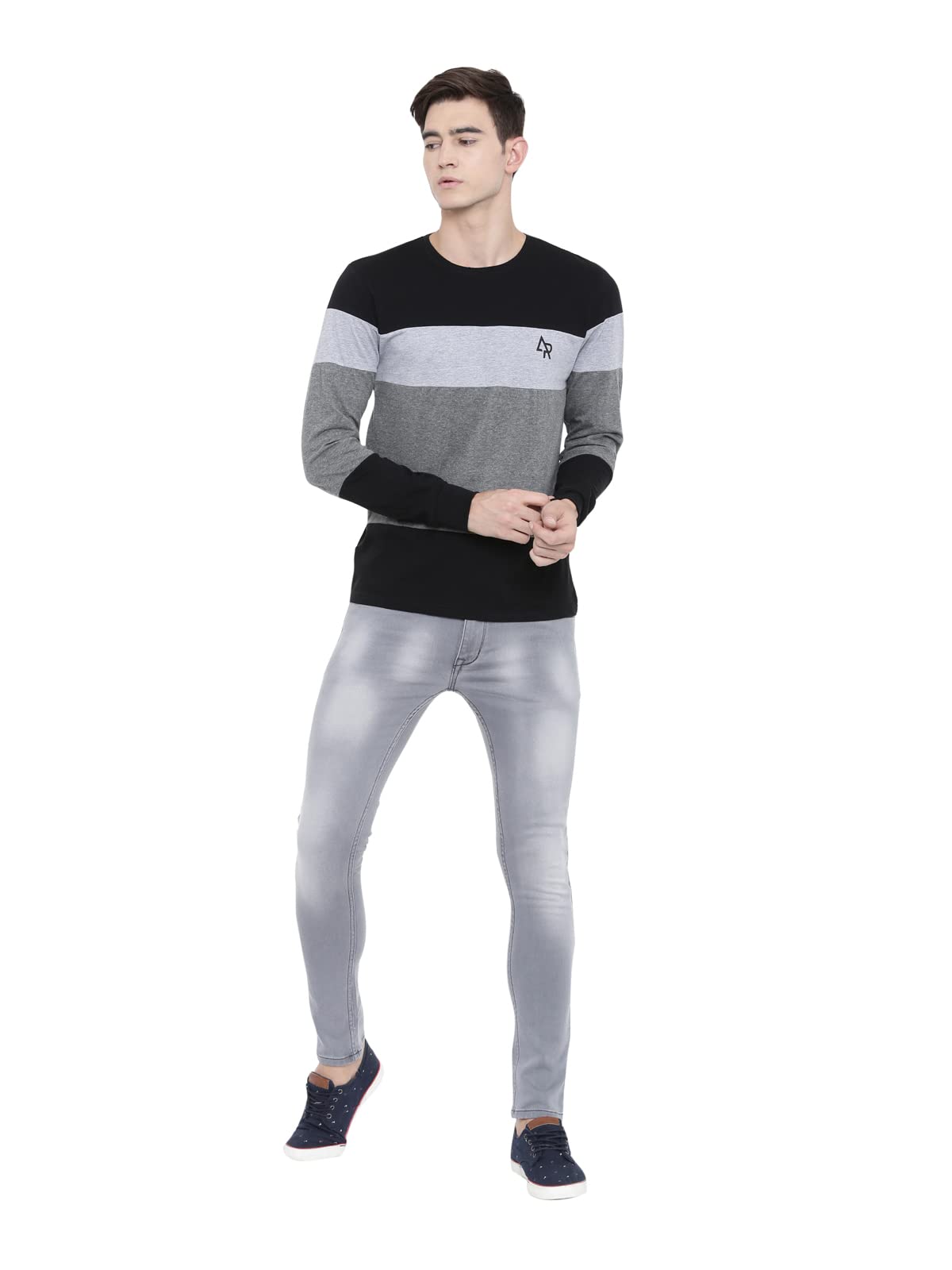 ADRO Men's Full Sleeve Cotton Color Block T-Shirts (FR4-4-BST-BL_Black)