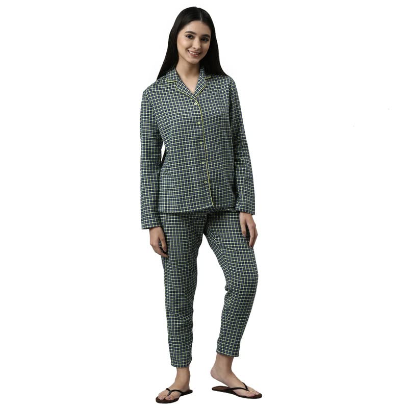 Enamor Essentials Relaxed Fit Cotton Flannel Woven Lazy Full Sleeve Shirt & Mid Rise Pant Set for Womens-EC20 (EC20_Navy Plaid A