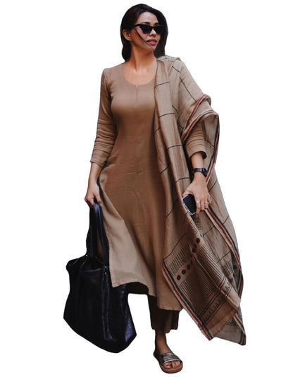 Gosriki WomenS Rayon Blend Straight Solid Kurta With Pant & Dupatta (Raja Saab Beige-Vks01-Gs_Xl_Beige_X-Large)