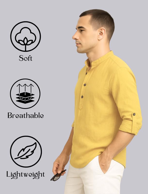 Deelmo MenS Cotton Blend Solid Regular Fit Full Sleeve Short Kurta | MenS Trendy Short Kurta Yellow