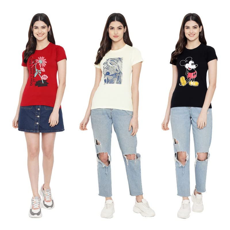 Preneum Womens Cotton Regular Fit Latest Graphic Stylish Printed Short Sleeves Casual T-Shirt || Trending & Styles (Pack 3), Re