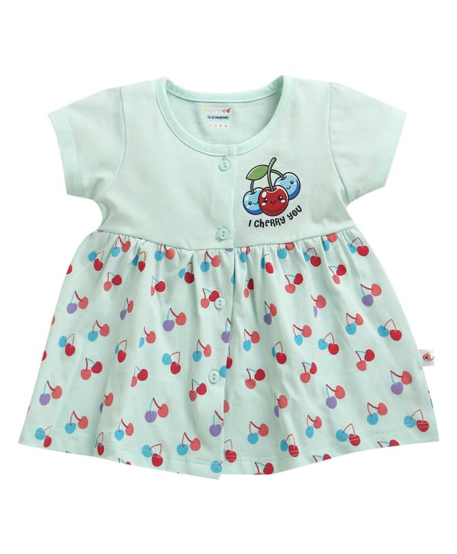 BUMZEE Baby Girls Cotton Round Neck Half Sleeves Graphic Print Above Knee Length Frock/Dress Aqua Blue - 6-9 Months (Peb11181D-a