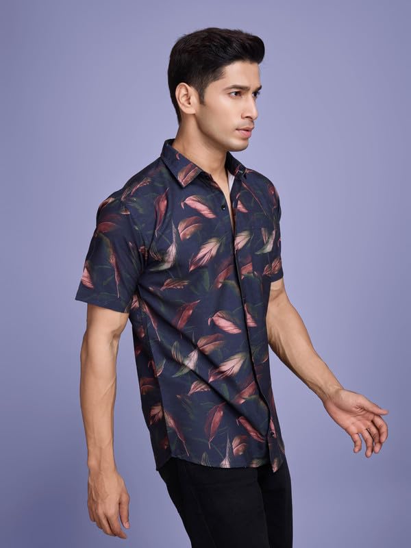 Pinkmint Stylish Shirt for Men ll Printed Half Sleeve Shirts ll Regular Fit Chest Pocket Shirt Navy Blue