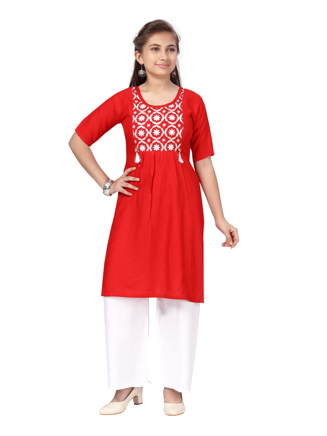 Aarika Girl'S Cotton Kurti Palazzo Set (Pl-H-6_Red-White_36)
