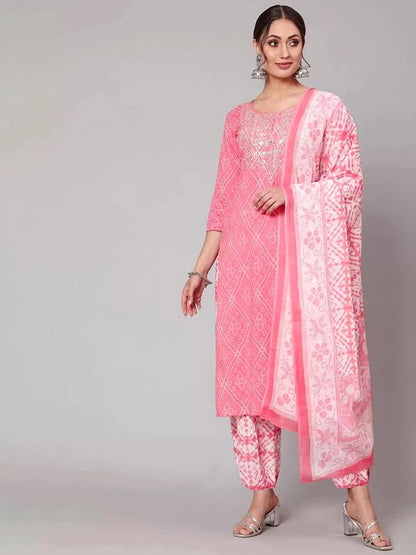 Pinkmint Women Cotton Straight Printed Kurta With Pant & Dupatta Pink