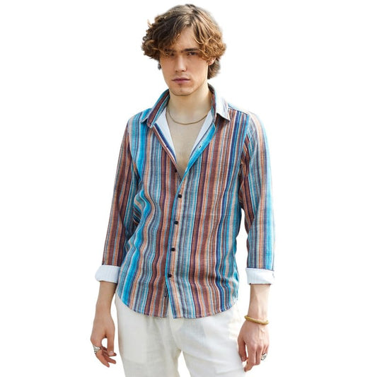 Campus Sutra Mens Azure Blue & Chocolate Brown Multitrack-Striped Shirt for Casual Wear | Spread Collar | Long Sleeve | Button