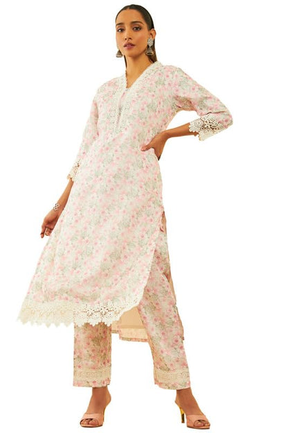 Soch Womens White & Pink Kota Floral Printed Kurta Set With Lace Attached
