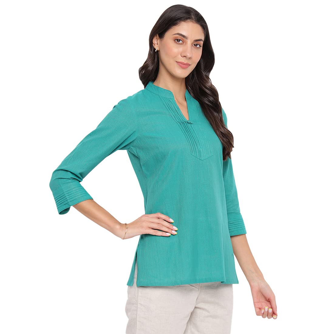 Fabindia FabBasics Women Cotton Blend Solid Slim Fit Short Kurta