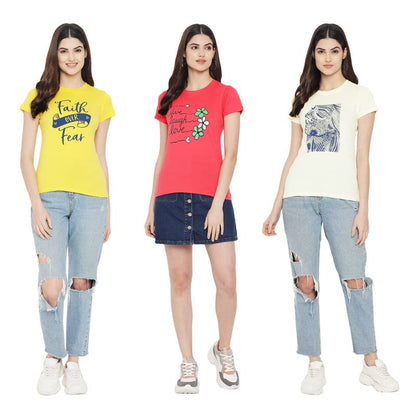 Preneum Womens Cotton Regular Fit Latest Graphic Stylish Printed Short Sleeves Casual T-Shirt || Trend & Stylish (Pack 3), Yell