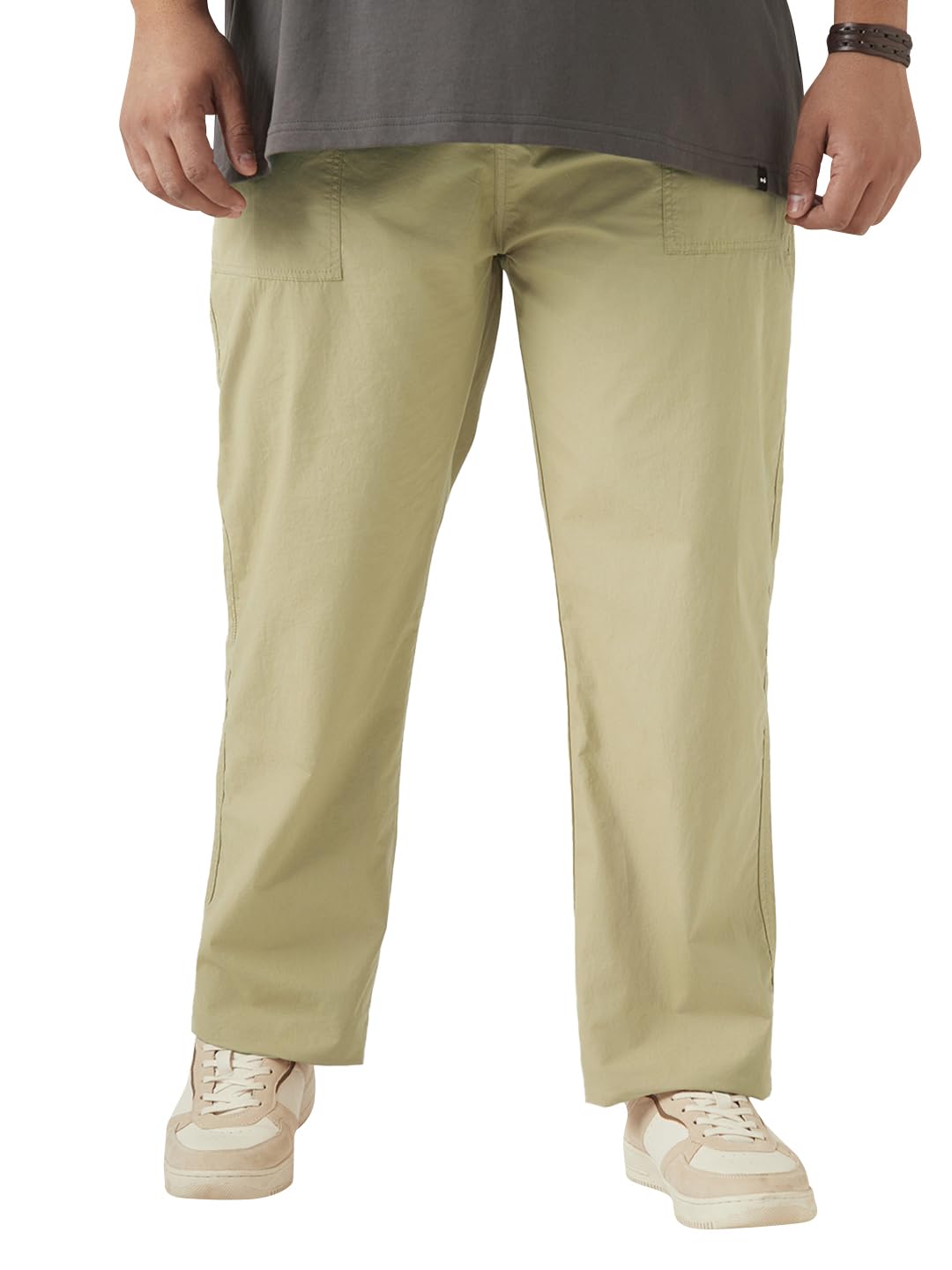Bewakoof Mens Solid Regular Fit Poplin Plus Size Pants_648631_Beige_38