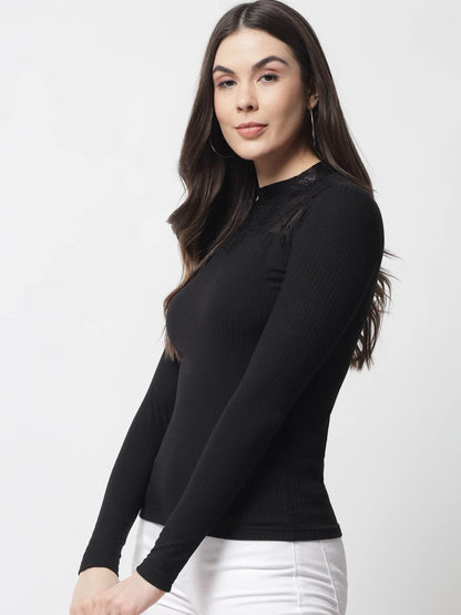 POPWINGS Ribbed Black Full Sleeve Neck Design Top