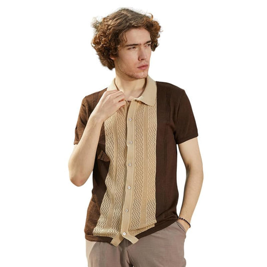 Campus Sutra Mens Buff Beige & Taupe Brown Block-Knit Slim-Fit Shirt for Casual Wear | Polo Neck | Short Regular Sleeves | Butt
