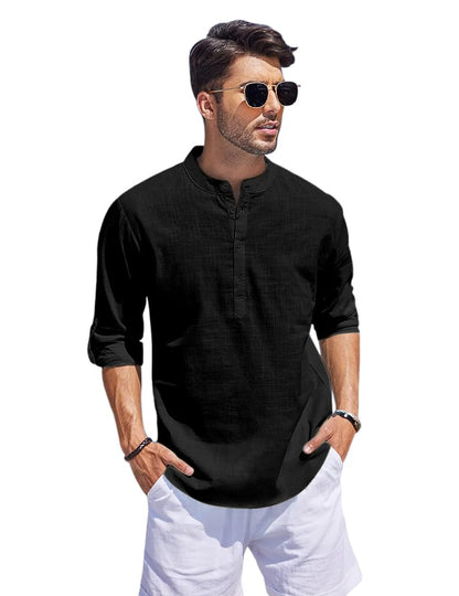 Hemrin Men Solid Cotton Blend Straight Kurta Shirt Black