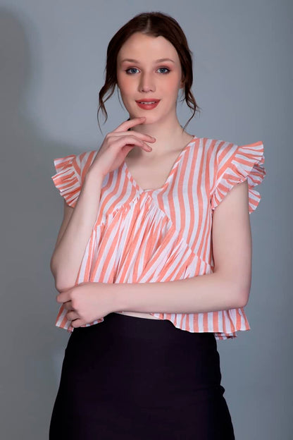 Leriya Fashion WomenS Western Crop Tops | Fancy Stripped With Ruffle Sleeves | Button Down Lightweight Cotton For Girls | Suita