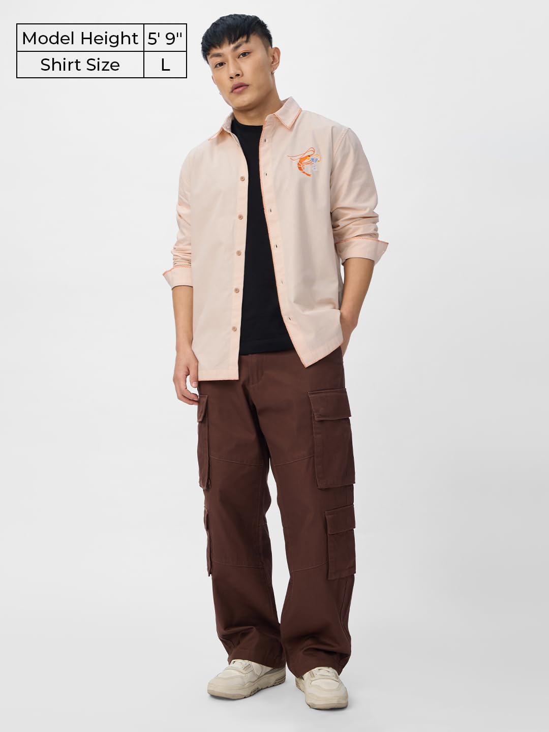 The Souled Store Shrimp Cocktail Men and Boys Long Sleeves Collared Neck Button Front Pink Embroidered Cotton Relaxed Shirts