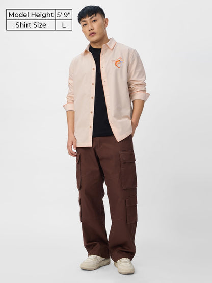 The Souled Store Shrimp Cocktail Men and Boys Long Sleeves Collared Neck Button Front Pink Embroidered Cotton Relaxed Shirts
