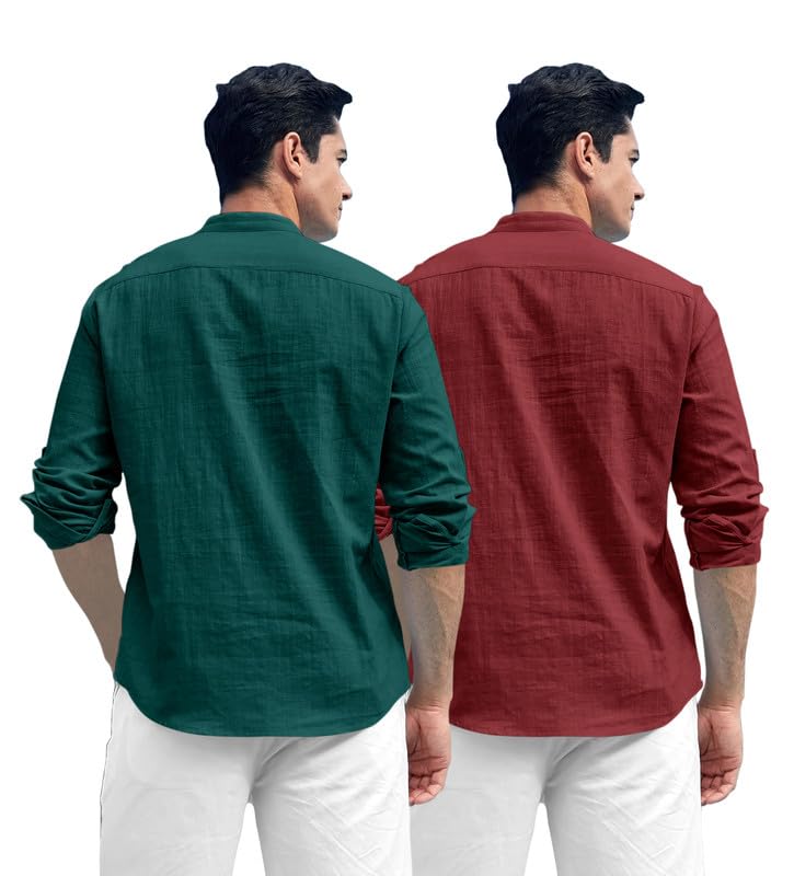 ROYALSCOUT Combo of Mens Solid Cotton Blend Full Sleeve Straight Kurta Shirt (Pack of 2) Green-Maroon