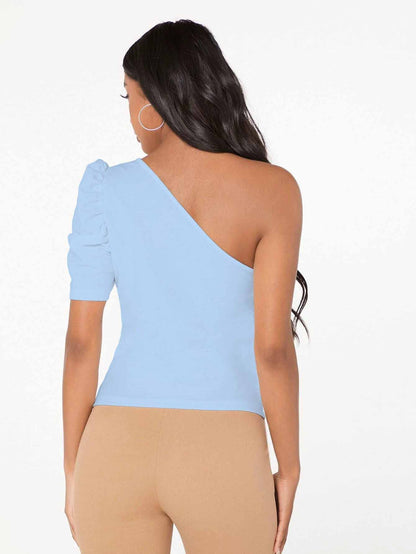 Shasmi Womens & Girls Sky Blue Short Puff Sleeve, One Shoulder Neck, Ruched Bust Solid Tops for Women/Tops, T-Shirts for Girls