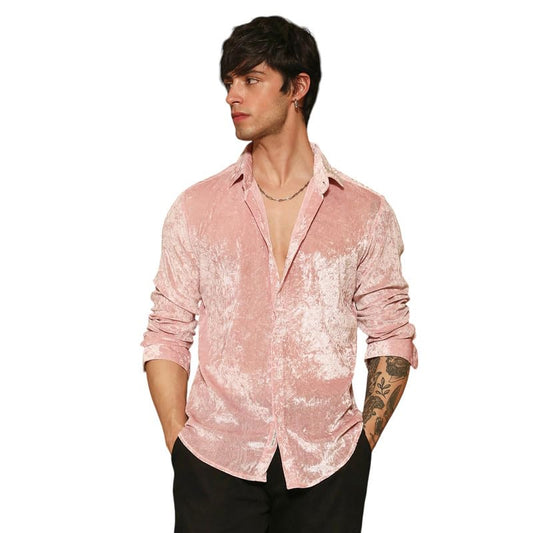 Campus Sutra Mens Blush Pink Solid Velvet Shirt for Casual Wear | Spread Collar | Long Sleeve | Button Closure | Shirt Crafted