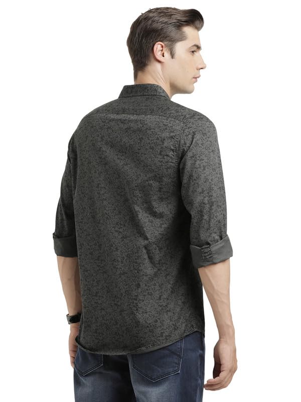 Turtle Men 100% Cotton Slim Fit Grey Printed Full Sleeve Casual Shirt