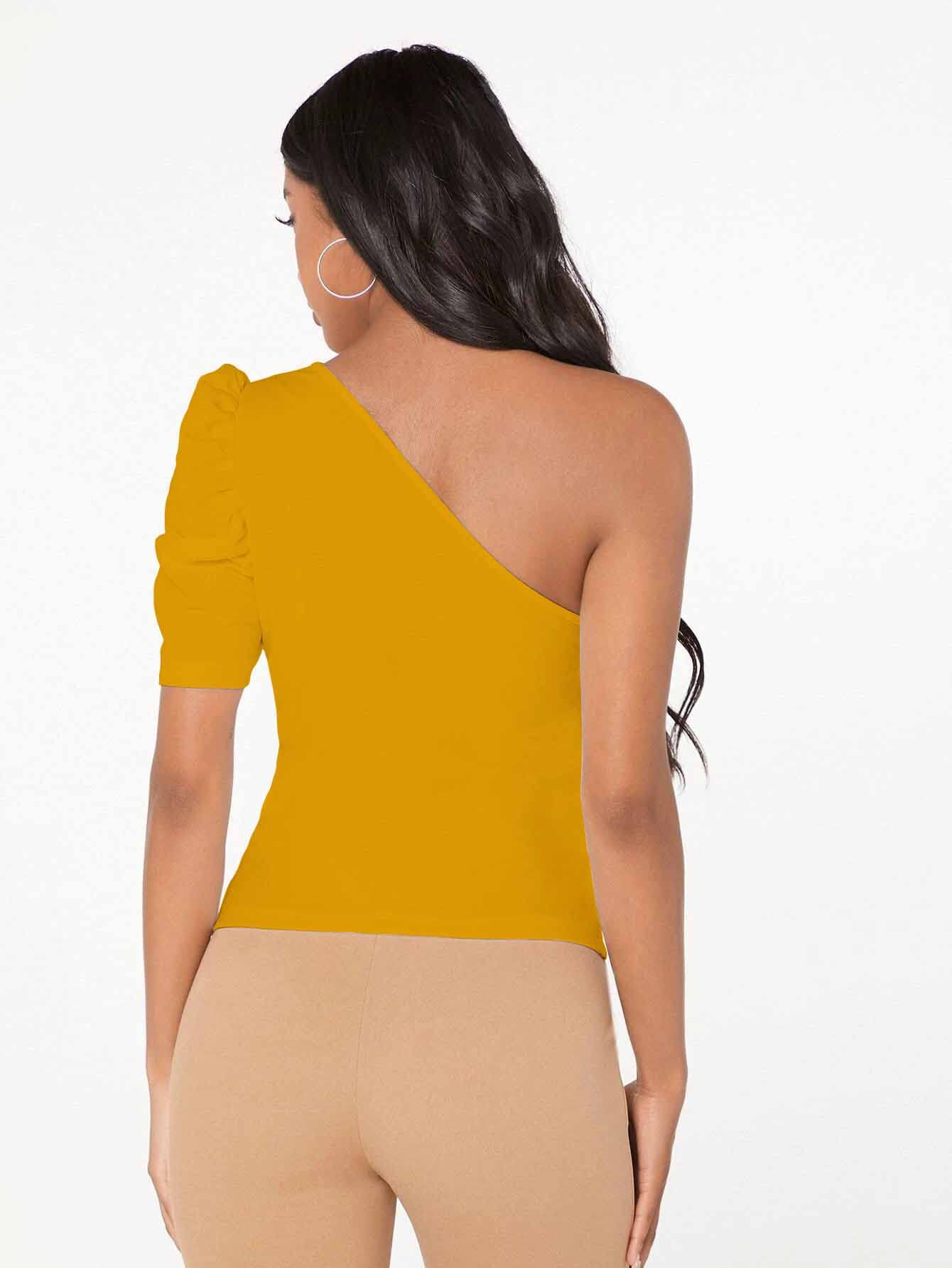 Shasmi Womens & Girls Mustard Short Puff Sleeve, One Shoulder Neck, Ruched Bust Solid Tops for Women/Tops, T-Shirts for Girls