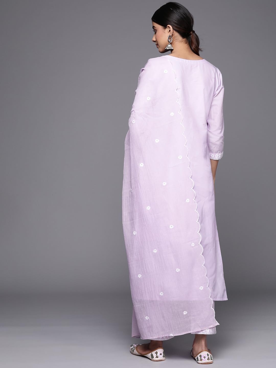 Varanga Women Lavender Embroidered A-Line Empire Kurta Paired With Tonal Bottom And Tonal Embroidered Dupatta
