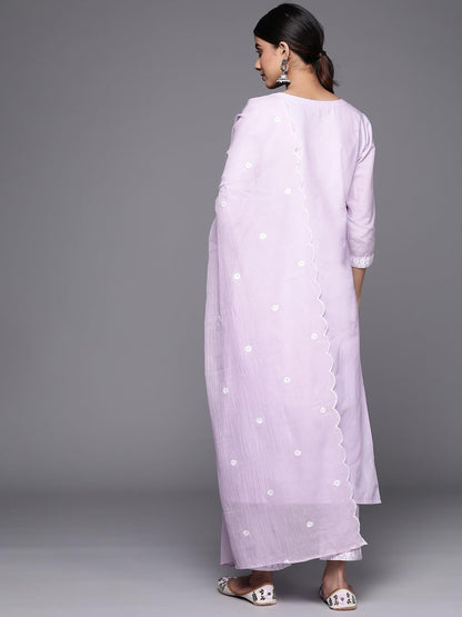 Varanga Women Lavender Embroidered A-Line Empire Kurta Paired With Tonal Bottom And Tonal Embroidered Dupatta